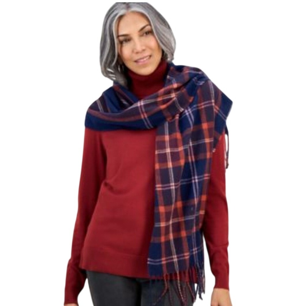 Style & Co Navy Orange Plaid Oblong Wrap Scarf with Fringe NWT - Picture 10 of 10